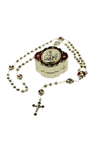 Cargar imagen en el visor de la galería, Metal Beads Rosary with Gold and Blue Rose-shaped Beads and Box - Holy Fatima