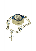 Cargar imagen en el visor de la galería, Metal Beads Rosary with Gold and Blue Rose-shaped Beads and Box - Holy Fatima
