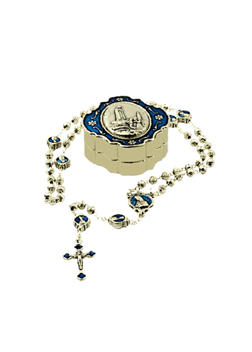 Metal Beads Rosary with Gold and Blue Rose-shaped Beads and Box - Holy Fatima