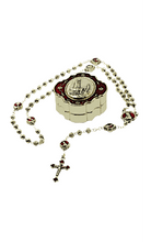 Cargar imagen en el visor de la galería, Metal Beads Rosary with Gold and Blue Rose-shaped Beads and Box - Holy Fatima
